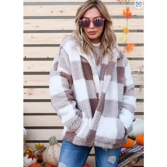 Brown Plaid Sherpa Snap Front Pocket Shacket - Picture 3 of 4